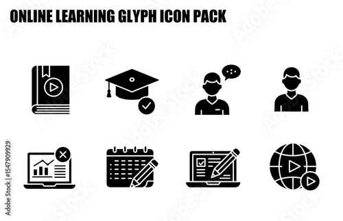 Online learning glyph icons in a set for website/app interface design. Simple, flat black icons depicting various online learning activities and resources.