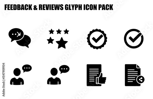 Feedback and reviews glyph icon pack showing communication, ratings, and approval. Abstract icons of customer feedback and reviews with various actions and statuses.