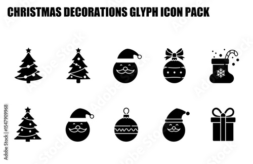 Christmas decorations glyph icon set with various festive elements. Flat design icons of Christmas trees, Santa Claus, ornaments, stockings, and presents displayed on a plain background.