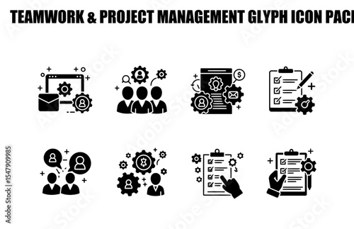 Teamwork and project management glyph icons depicting collaboration, communication, and task management.