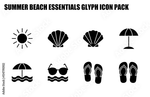 Summer beach essentials glyph icons for a website or app. Simple black and white graphic representations of sun, seashell, umbrella, sunglasses, beach waves and flip-flops on a white background.