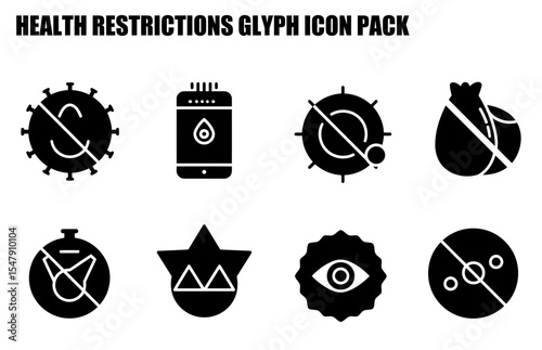 Health restrictions glyph icon pack. various medical and safety precautions.