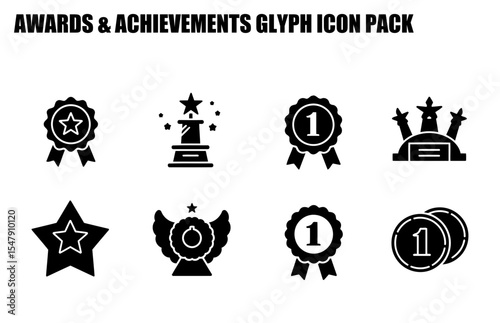 Awards and achievements glyph icons in a variety of styles for use in editorial or advertising projects. Set of simple, modern award icons for website design.