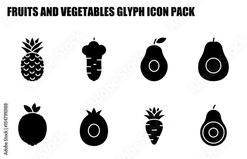 Fruit and vegetable glyph icons in a simple, modern design. Collection of various fruits and vegetables in solid black silhouette against a white background.
