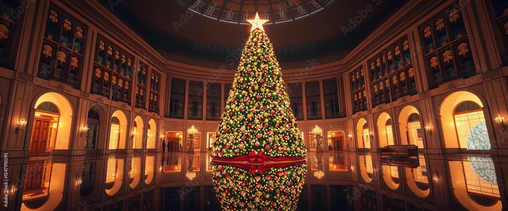 Obraz premium A majestic Christmas tree, star-topped, glows warmly, its light reflecting on a dark polished floor, magic, yuletide