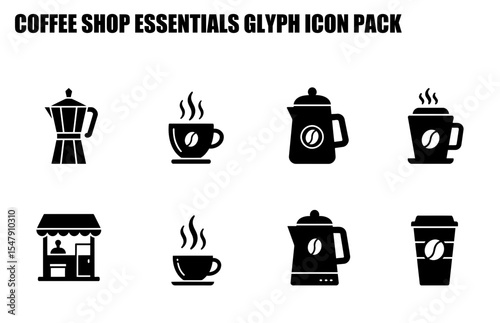 Coffee shop essentials glyph icons with various coffee-related items displayed. Simple, stylized icons showing coffee makers, cups, and a coffee shop kiosk.