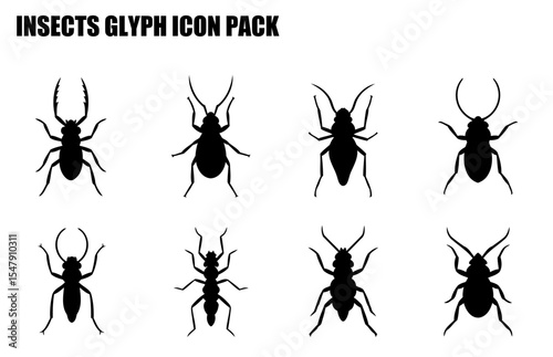 Insect silhouette glyph icons in various poses. Simple, black-and-white insect illustrations with a clean design.
