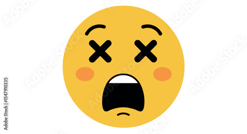 Surprised emoji face with closed eyes and open mouth in yellow circle vector illustration