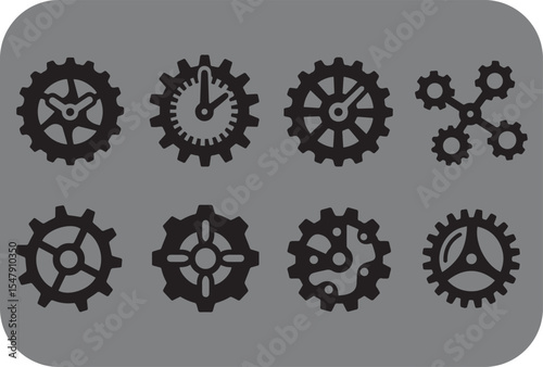 Collection of eight black gear icons on gray background mechanical clockwork cogwheels