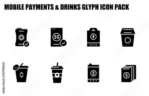 Mobile payment and drinks glyph icons depicting various payment and beverage scenarios. Black and white icons set against a white background.