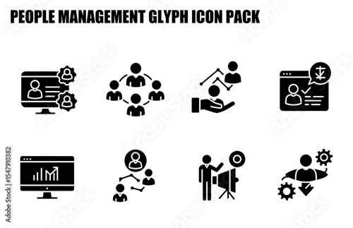 Business people in various management roles within a company setting. Illustrations of organizational charts and performance metrics.