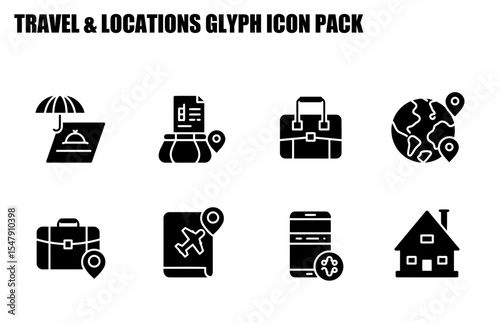 Travel and location glyph icons for a travel app or website, displaying various travel related features, such as accommodation, luggage, flight plans, and global positioning.