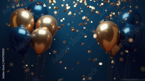 Elegant gold and navy blue balloons float amidst falling confetti, creating a festive celebratory atmosphere.