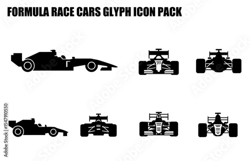 Formula race car glyph icon set in various views. Silhouettes of vehicles for sport and competition, displaying a professional race car design with different angles, for a diverse variety of uses.