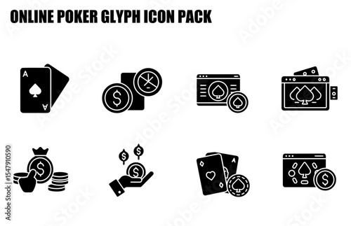Online poker glyph icon pack showing various poker elements, like cards, money, and a web browser.