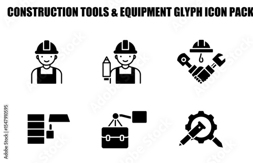 Construction tools and equipment glyph icons for diverse construction workers in various settings. Silhouette illustrations of workers and tools for a construction equipment icon pack.