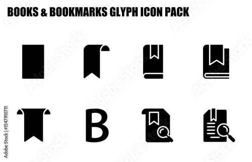 Books and Bookmarks Glyph Icon Pack. Flat Icons for Education and Library Themes.