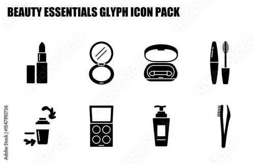 Beauty essentials glyph icon pack showcasing various makeup items.