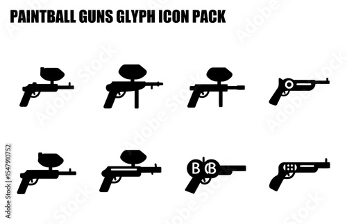 Paintball guns glyph icons in various styles. Silhouettes of paintball guns in a simple design. Professional sports equipment for various sports venues -