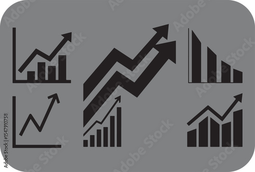 Collection of black and white upward and downward trending graph icons