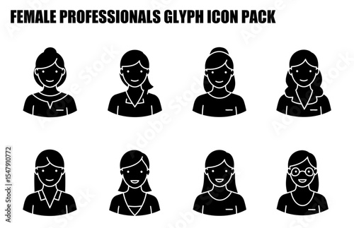 Female professional icons in various hairstyles and attire. Smiling female professionals in formal clothing against a plain white background.