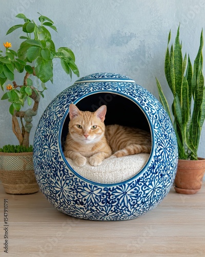 Elegant Blue and White Porcelain Illustration for Decor A relaxed orange cat lounging in a decorative ceramic bed amidst green plants.