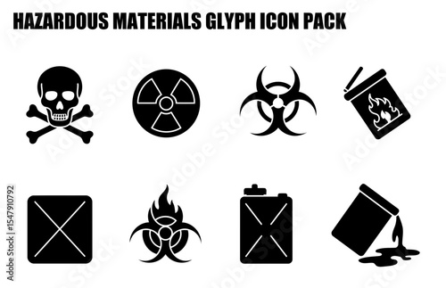 Hazardous materials glyph icon pack for safety protocols in a warehouse/laboratory setting. Set of black and white icons showing various hazardous materials.