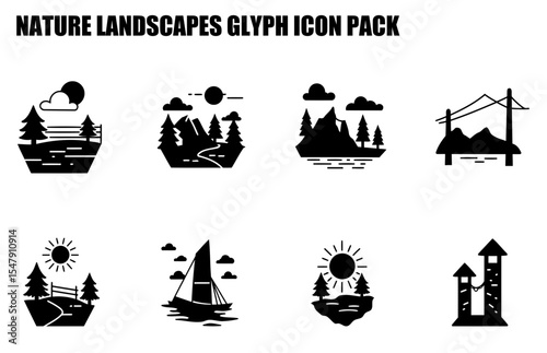 Nature landscapes glyph icon pack with various scenes