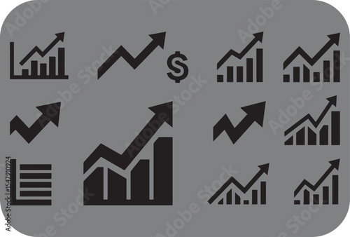 Collection of black and white upward trending graph icons for business growth and financial success