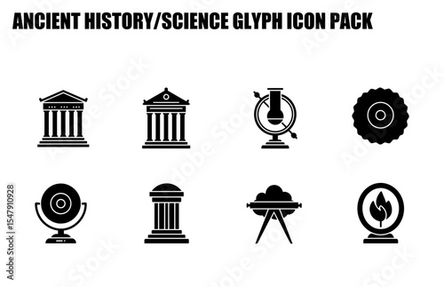 Ancient history/science glyph icons in a flat design style. Simple black and white illustrations of historical and scientific objects, for use in education, research, and historical presentations.
