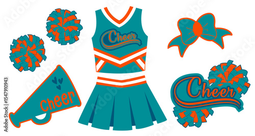 Cheerleading items vector, cheerleader Uniform, Bow, Megaphone and Pom-poms.
