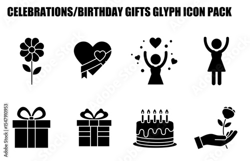 Birthday celebration icons with diverse elements in a simple, flat style. A collection of glyph icons representing birthday gifts, flowers, a woman celebrating, a cake, and a rose.