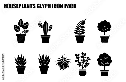 Houseplant glyph icons in various styles displayed in terracotta pots. Simple, stylized representations of a diverse collection of houseplants for use in interior design or gardening applications.