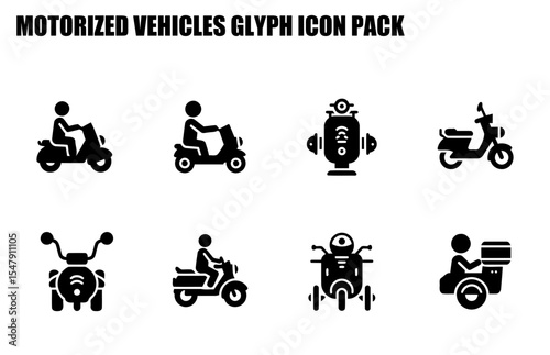 Motorized vehicle glyph icons in various styles with a person on each vehicle. Simple, black and white illustrations for transportation and delivery.