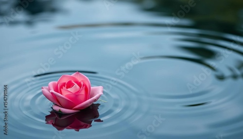 Delicate pink rose floats serenely on calm water, gentle ripples surround it, gentle, pink