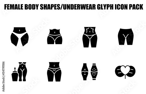 Female body shapes in underwear, various poses. Glyph icons for a medical/body image resource. Female body shapes in underwear for a design resource -