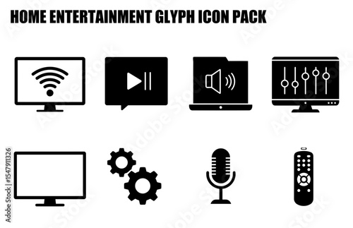 Home entertainment glyph icons for website or app. Simple, flat icons depict devices such as computers and televisions with actions like play, pause and volume control.