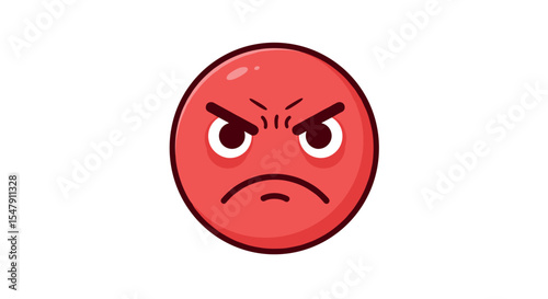 Angry red emoji face with frown and furrowed brows vector illustration