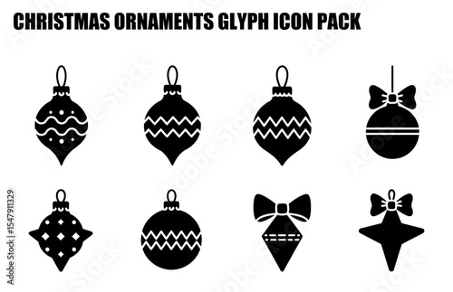 Christmas ornament glyph icons in various styles. Ornaments in different shapes and designs, including a variety of holiday motifs.