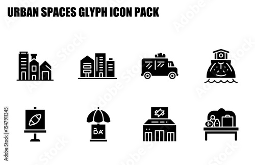 Urban spaces glyph icon pack depicting various locations and activities. Simple, black and white icons showing buildings, transportation, and other common urban features.
