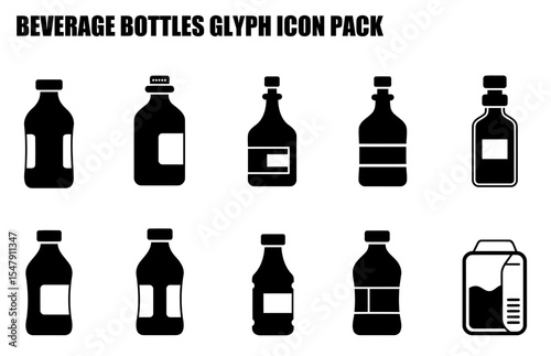 Beverage bottles of various shapes and sizes in a simple, graphic design. Illustrations of different beverage containers in a graphic design format, suitable for use in websites or apps.