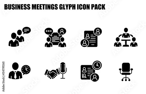 Business meeting glyph icons for various actions in a professional setting. Diverse business people engaging in discussion, collaborative work, and office tasks.