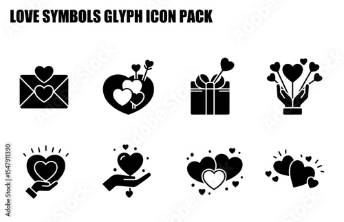 Love symbols glyph icon pack. Various love symbols in a set, suitable for website design or print.