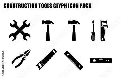 Construction tools glyph icons set on white background. Simple, black and white icons of various tools, including wrenches, hammers, screwdrivers, saws, pliers, and a level.