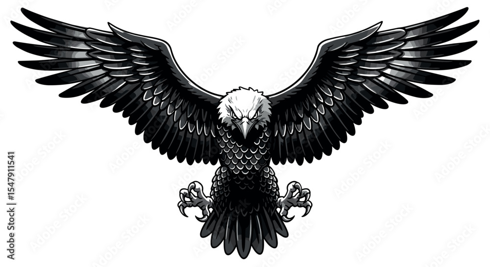 Fototapeta premium Monochrome bald eagle with spread wings in dynamic flight pose vector illustration