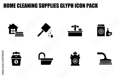 Home cleaning supplies glyph icon pack. A collection of simple, black and white icons representing various household cleaning tools and items in a domestic environment.