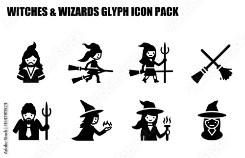 Witches and wizards glyph icon pack featuring various characters in stereotypical attire and poses.