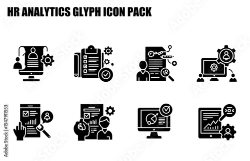 HR Analytics Glyph Icon Pack. Various business processes and analyses within an HR department.