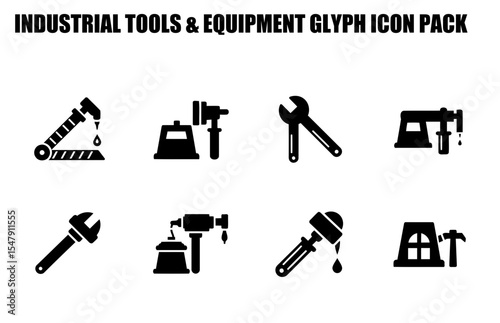 Industrial tools and equipment glyph icons in a white background. Various tools and equipment for industry displayed in an action/pose with a plain background.