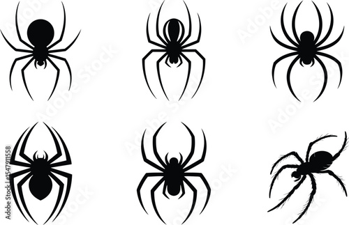 Set of spider silhouette vector icons in different positions and styles isolated on transparent background